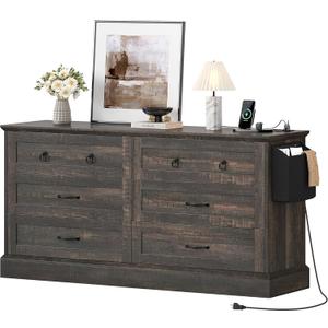 DWVO Farmhouse 6 Drawers Dresser, 59" Wide Wood Rustic Chest of Drawers with Nice Texture, Vintage Design, Storage Dressers Organizer for Living Room, Hallway, Dark Rustic Oak