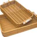 GIB Rectangular Rattan Serving Trays with Handles, Small Woven Poly Wicker Baskets Trays for Coffee Table Decor, Bread, Flat Shallow Platters for Fruit, Snacks, Set of 2