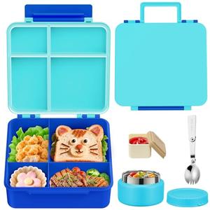 Aimsnk Kids Bento Lunch Box with 8oz Soup Thermo, Kids Leakproof Lunch Food Containers with 4 Compartment, Insulated Hot Food Jar with Lunch Bag for School, Travel (Blue-No lunch bag)