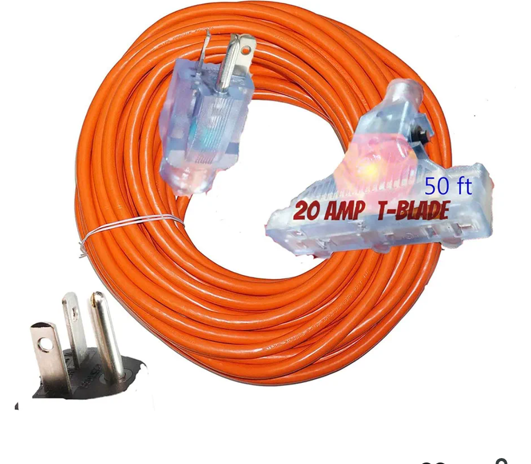 20 amp T Blade Extension Cord 10/3 Triple Outlet NEMA 5-20 amp Extension Cord 125 Volts 2500 Watts T-Blade Plug All Copper Wire 10 Gauge Extension Cords 50 ft 20 amp Extension Cords 200 ft