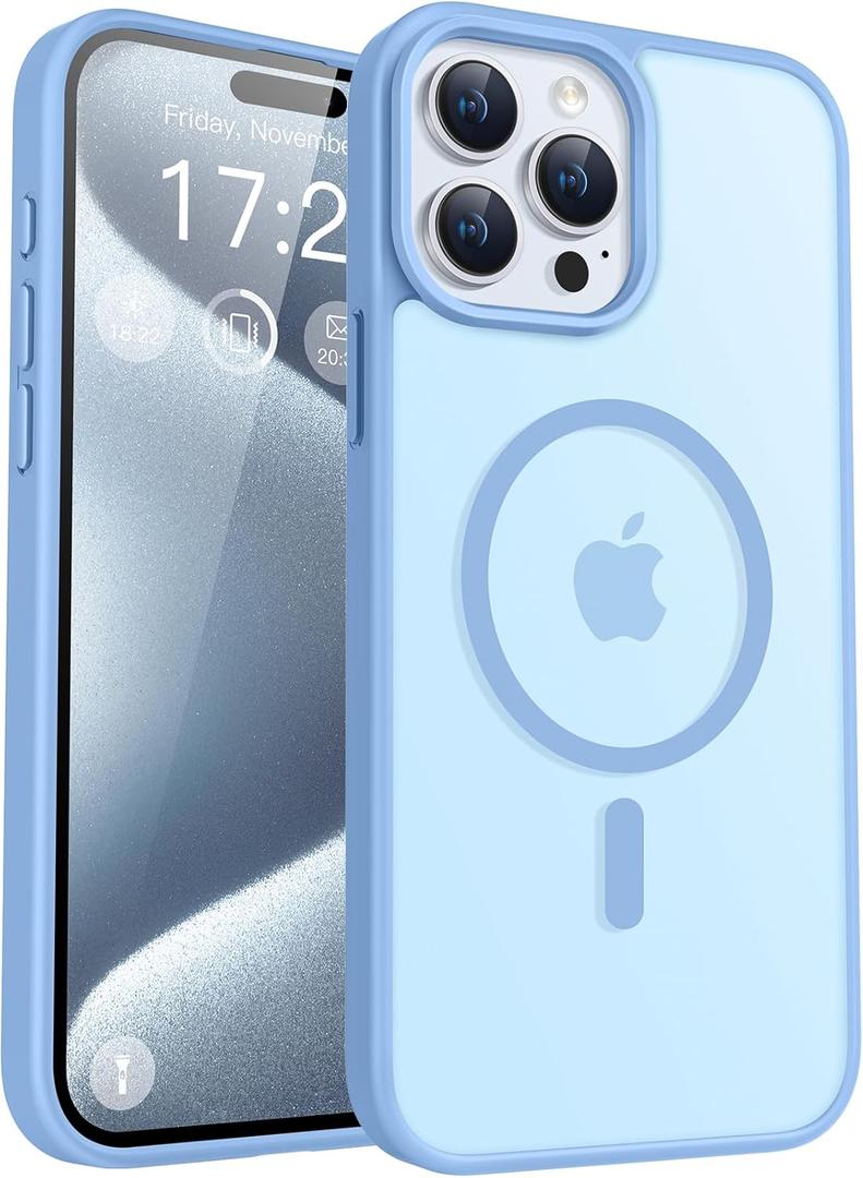 for iPhone 15 pro max Phone Case, Compatible with Magnetic, Military Grade Drop Protection Translucent Matte Shockproof Anti-Scratch Case for iPhone 15 pro max (Azure Blue)