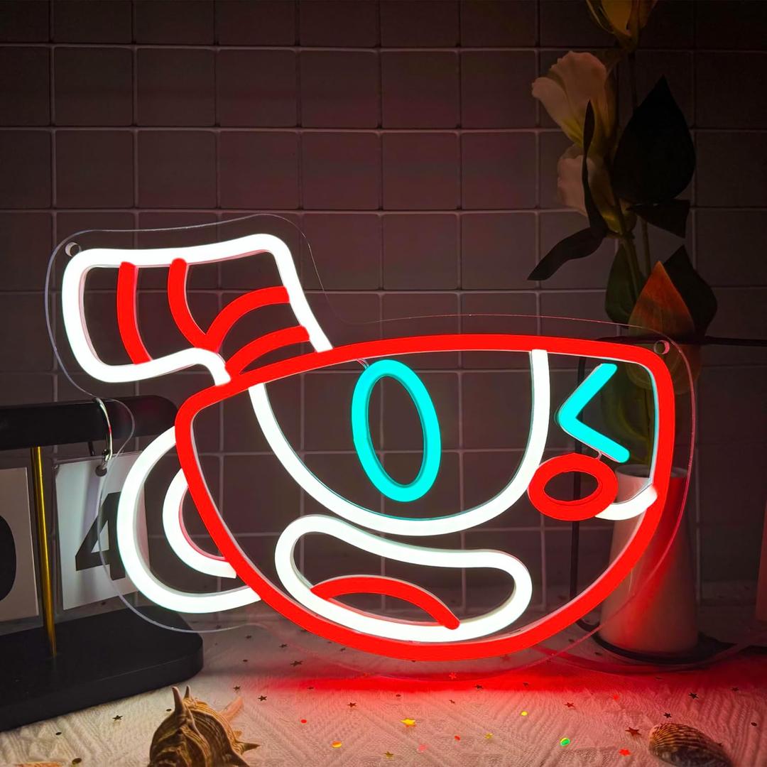 Cuphead Anime Neon Signs for Wall Decor,Dimmable Figure Mugman Game Sign,USB Powered Neon Light Signs for Man Cave Kids Room Bedroom Bar Birthday Gifts(13.4 * 8.7in)