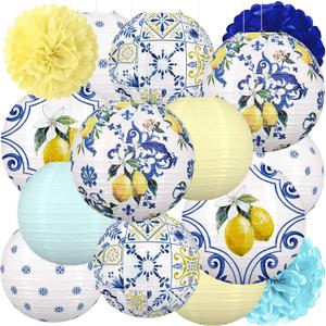 15PCS Lemon Paper Lanterns Party Decorations: Amalfi Coast Capri Yellow Blue Tiles Mediterranean Hanging Decor for Bridal Shower Birthday Wedding Supplies