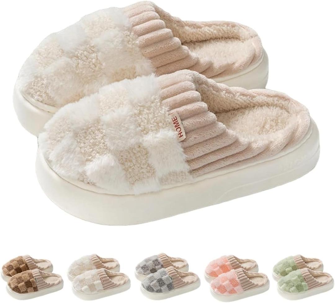 VTTDB Checkered Slipper House Slippers for Women Men Plush Warm Fuzzy Slippers Flyffy Bedroom Shoes Indoor Slip On (White)