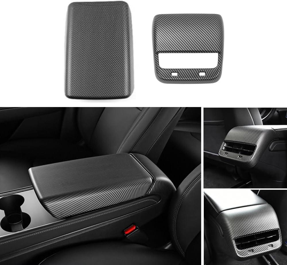 StarYtbl 2PCS Center Console Armrest Cover & Rear Air Condition Vent Cover for Tasla 2017-2023 Model 3 and 2020-2024 Model Y, Tesla Arm Rest Cover and Rear AC Vent Cover (Matte Carbon Fiber Pattern)