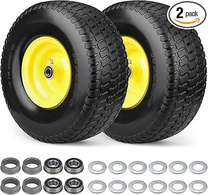 2 Pcs 15x6.00-6 Flat Free Lawn Mower Tire and Wheel,15x6-6 Front Tire Assembly Compatible with John Deere Husqvarna Riding Mowers Lawn Tractors,with 3/4" & 5/8" Bearing-1"Bushings,3" Centered Hub