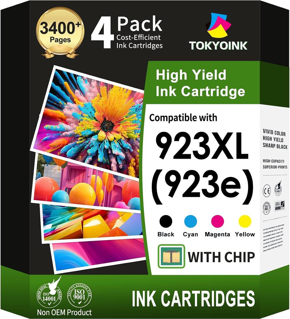 TOKYOINK 923 923e 923XL Ink Cartridges Combo Pack with Chip Replacement for HP 923 923e Ink Cartridges for HP Printer OfficeJet Pro 8130e 8135e 8139e 8125e 8138e 8122e 8120 8124e 8130(4 Pack B/C/M/Y)