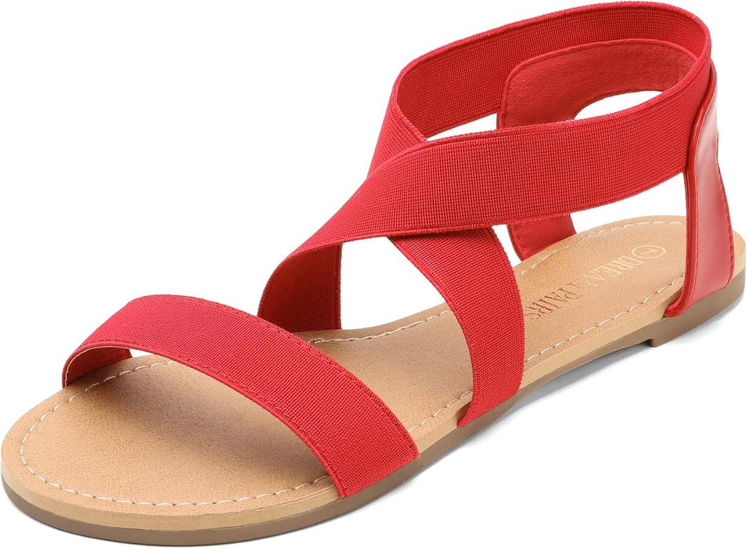 DREAM PAIRS Women's Elastic Ankle Strap Flat Sandals Summer Dressy Shoes Cute Strappy Gladiator Sandals (10, Red)