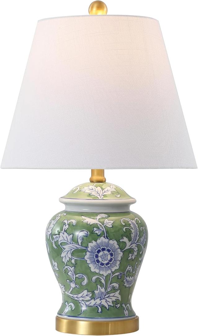 JONATHAN Y 22" Green/White Ceramic Table Lamp, French Country Chinoiserie Ginger Jar LED Bedside Lamp for Living Room Bedroom, White Linen Shade (JYL3005E) (Set of 1)