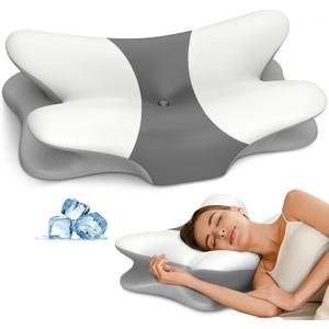 Cervical Pillow for Neck Pain Relief, Ergonomic Neck Pillow for Sleeping, Contour Pillow for Neck Support, Memory Foam Pillows for Reading & Bed Rest Pillows for Side Back Stomach Sleepers(White&Grey)