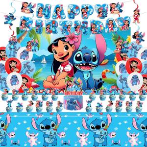Stitch Party Supplies, Birthday Party Decorations Set Include Banner, Backdrop, Balloons, Hanging Swirls, Cake Cupcake Toppers, Tablecloth for Boys Girls Stitch Party Decorations