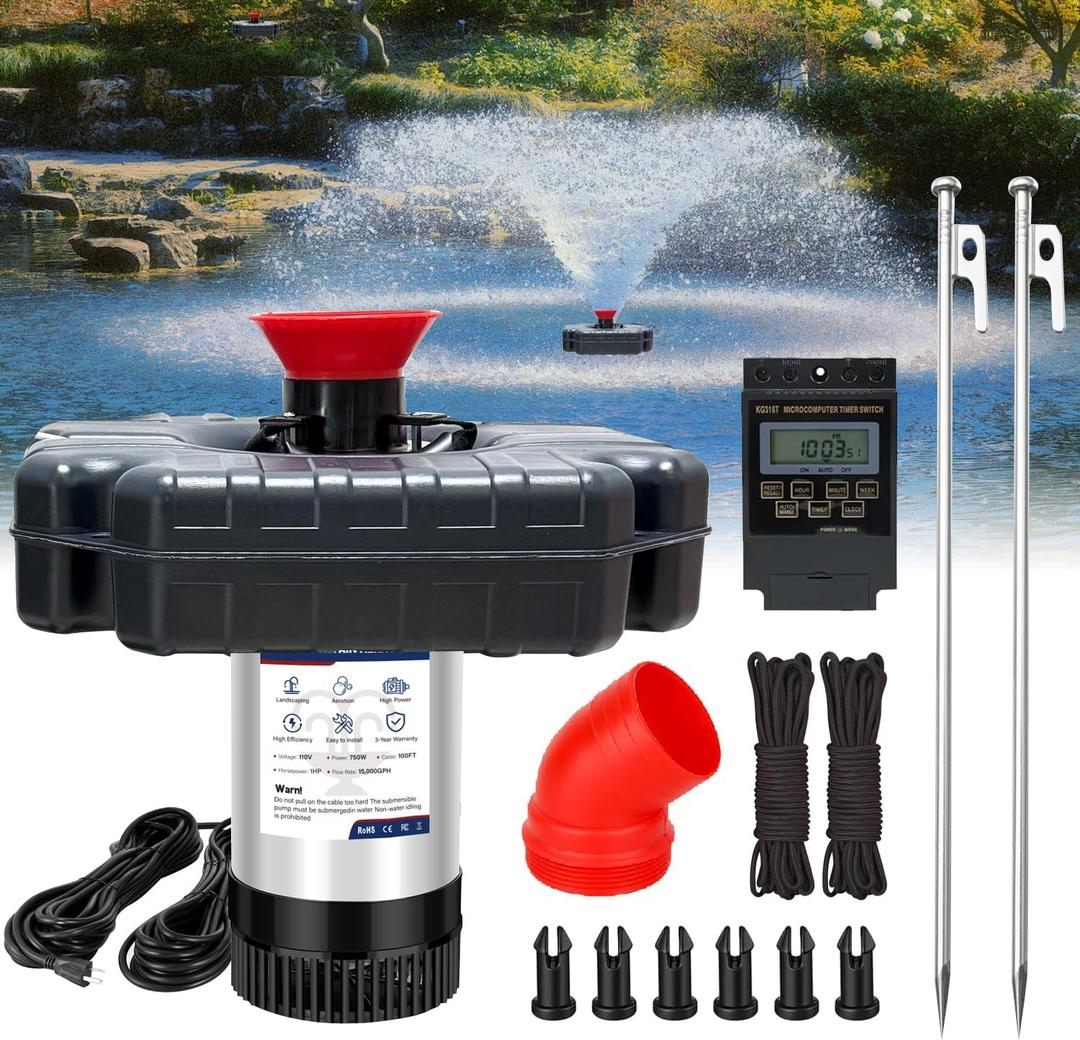 Pond Fountain Aerator, 1 HP 15,000 Gallons/Hour Pond Fountain with Timer, 15 Amps/110 Volts 100-Foot Power Cord, Energy-Efficient Water Circulation System Suitable for Ponds and Lakes