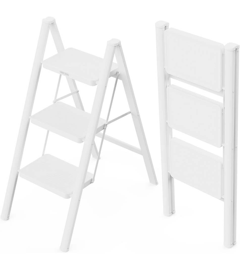 WOA WOA 3 Step Ladder, Folding Step Stool with Wide Pedals, Compact Stepping Stool for Kitchen, Sturdy Steel Ladders with Anti-Slip Feet, Supports up to 330 lbs - White
