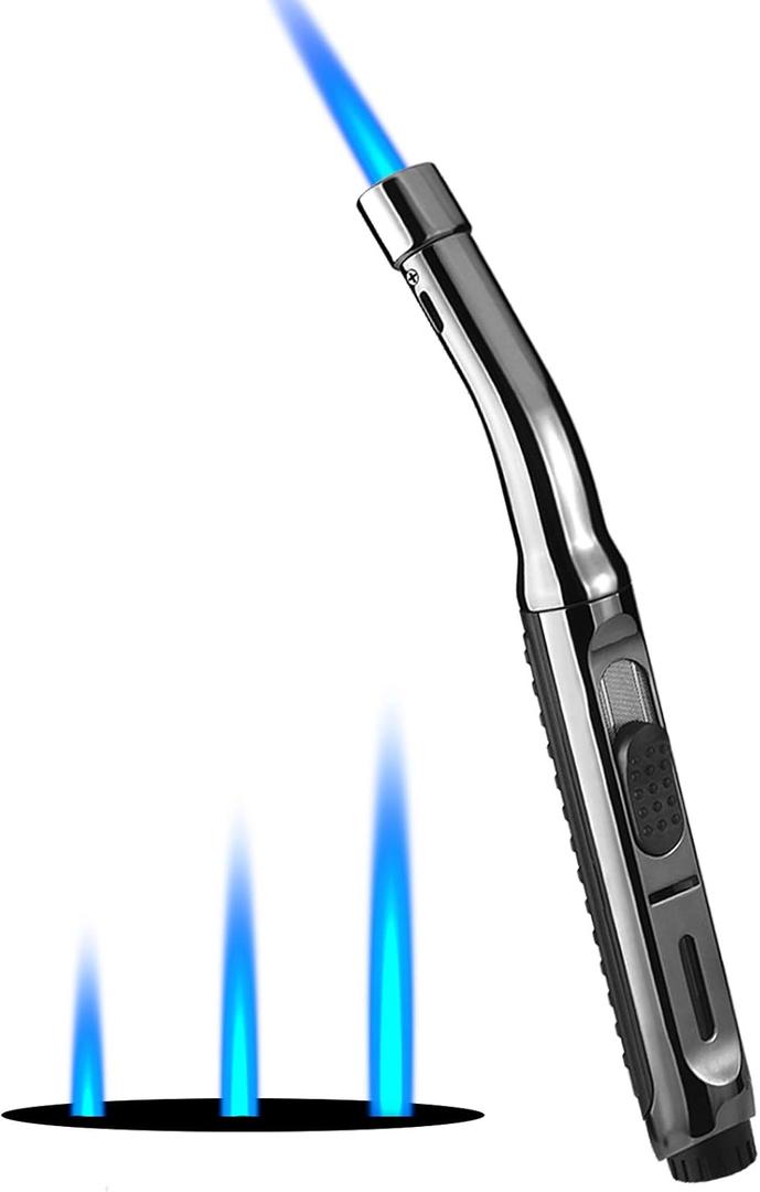 Yeuligo Torch Lighters, 7.6in Long Butane Lighter with Visible Window, Adjustable and Refillable Lighter for Kitchen Fireplace Camping Candle Grill BBQ Fireworks. Black (Gas Not Included)