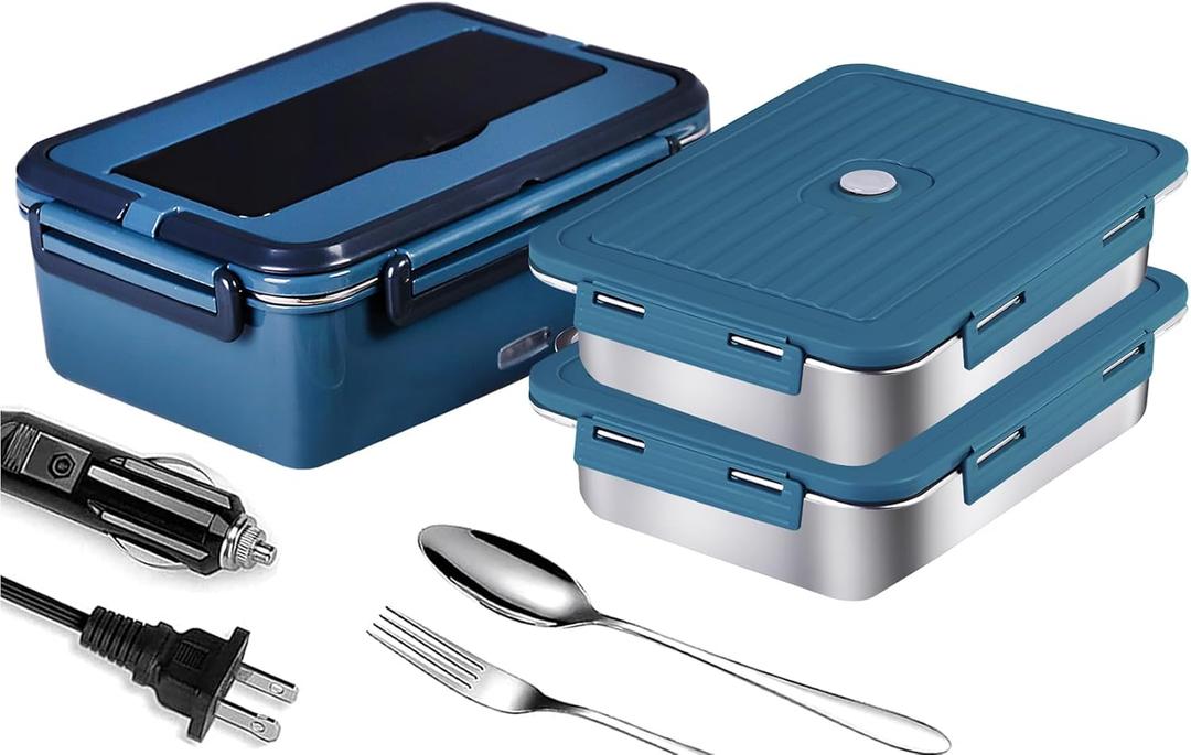 Electric Lunch Box, heated lunchbox for adults men 12V/24V/110V portable Food Warmer 80W self heating lunch boxes for Car Truck Work, heatable lunchbox with 2 Stainless Steel Containers 60-oz
