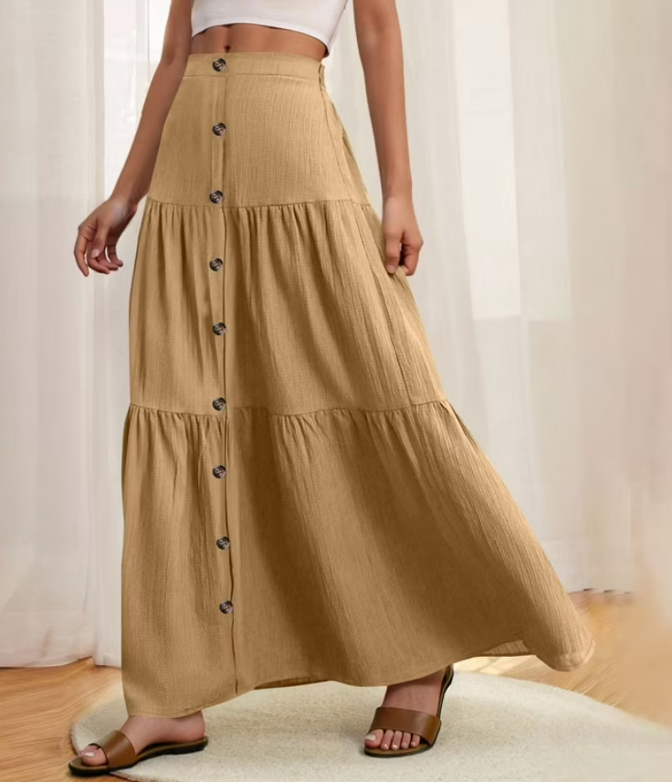 Women’s Boho Maxi Skirt High Waist Tiered Ruffle Long Skirts with Buttons and Drawstring Summer Casual Vacation Outfit Beige XXL