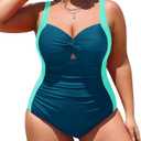 Daci Women Plus Size One Piece Swimsuits - Tummy Control Bathing Suits Full Coverage Twist Front Ruched Swimwear 2026 (Teal and Green, 16W)