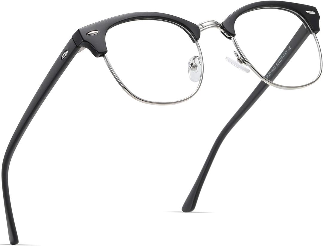 Blue Light Blocking Glasses Vintage Half Frame UV Clear Lens Anti Eyestrain Computer Gaming Glasses for Women Men (A01-matte Black Silver Frame)