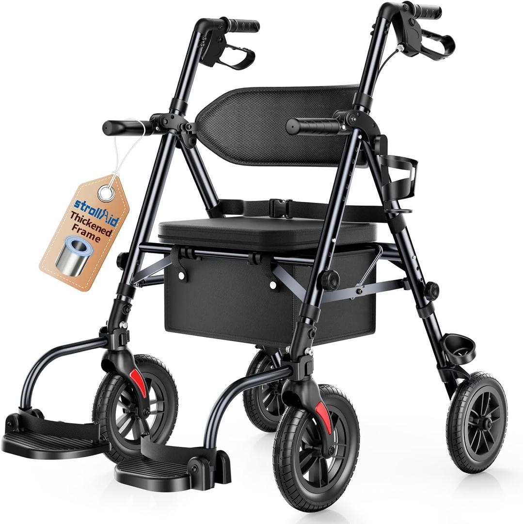 Walkers for Seniors, 2 in 1 Rollator Wheelchairs Combo 10" Big Wheels Walker with Seat, Rollator Transport Chair with Brakes Folding Rolling Walker for Adults, Black