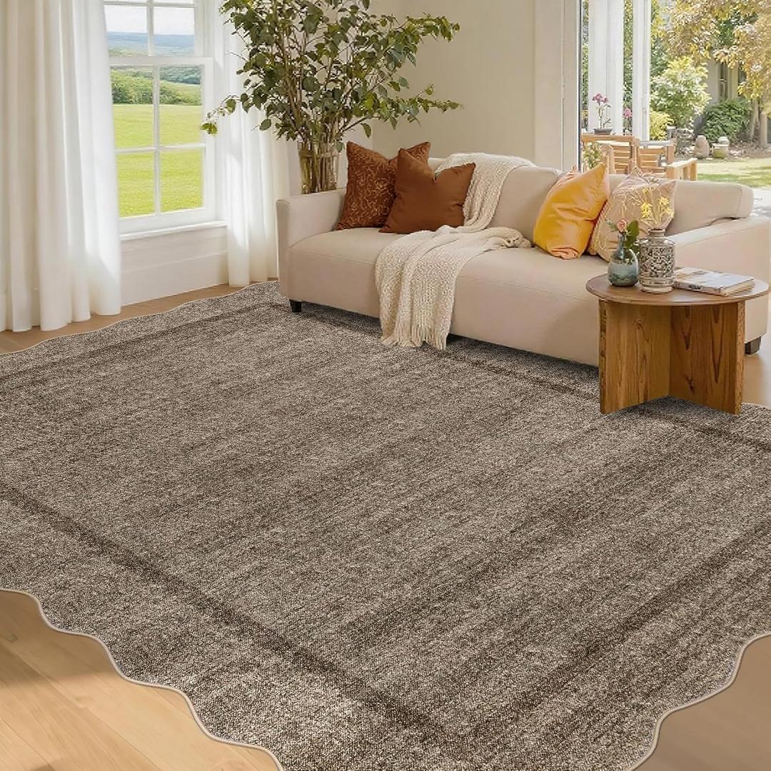 GarveeHome Scalloped Living Room Rug 5x7 Area Rug Washable Area Rug for Bedroom Modern Traditional Kids Rug Non Slip Throw Rugs Soft Low Pile Stain Resistant Carpet for Dining Room 5 ft x7 ft Taupe