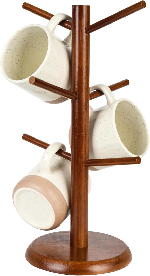 Mug Holder Coffee Cup Organizer for Kitchen Counter, Sturdy Wood Mug Holder Tree Stand with 6 Hooks(Brown)