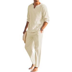 COOFANDY Men's 2 Pieces Cotton Linen Set Henley Shirt Long Sleeve and Casual Beach Pants Summer Yoga Outfits (Beige)