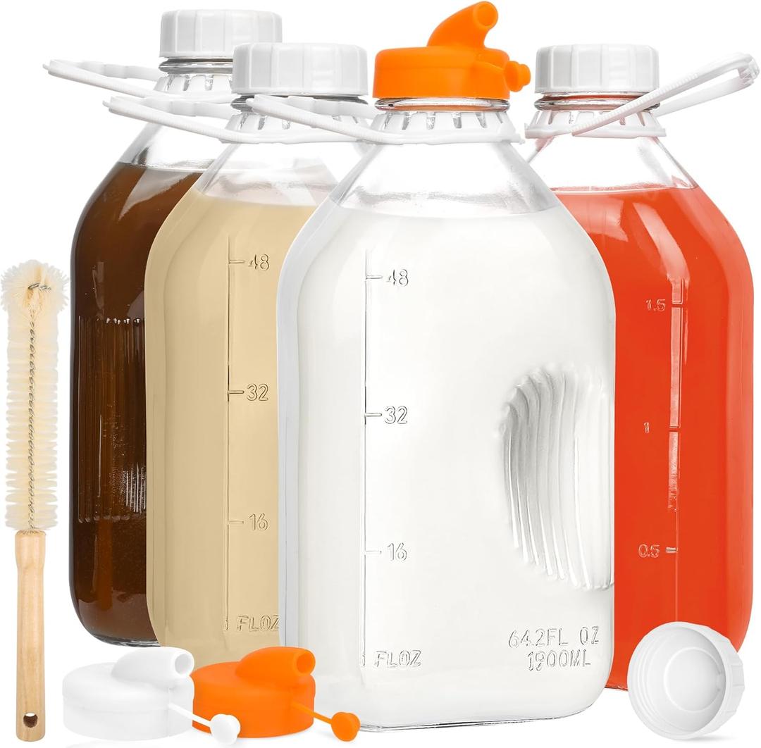 KMIGRUAN Half Gallon Heavy Duty Glass Milk Bottle with Handle and Airtight Reusable Lids,4 Pack Clear Glass Milk Container for Refrigerator,Glass Milk Jar with Handle and Spout