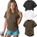 3 Pack Girls' Short Sleeve T-Shirts Loose Fit Crew Neck Tops Raglan Curve Hem Shirts Casual Kids Basic Tees 5-14Y