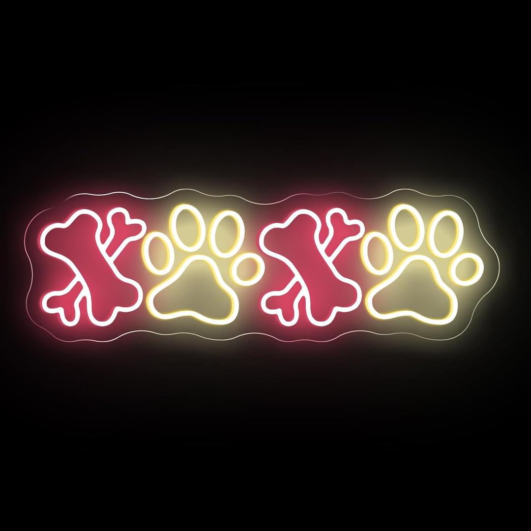 Dog Paw Neon Sign for Wall Decor, XOXO Paw & Bone LED Neon Light Decorations for Pet Store, Home, Living Room & Bedroom Decor, Dog Lovers' Home Wall Art Decor 16.5"x5.3"
