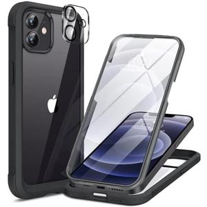 Miracase Glass Series for iPhone 12/12 Pro Case 6.1 inch, Upgraded Full-Body Rugged Phone Bumper Case Cover with Built-in 9H Tempered Glass Screen Protector and Camera Protector, Black