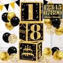 Birthday Decorations Boxes for Boys or Men - 3PCS Black Gold Happy Birthday Balloons Boxes with 0-9 Numbers, Bday Theme Cardboard Decor