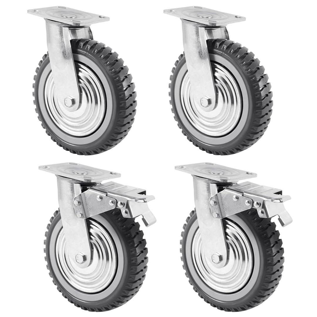 Iglobalbuy 8 Inch Heavy Duty Swivel Caster Wheels 4Pack (2 w/Brakes, 2 No Brakes), 360 Rotation Top Plate, Iron 8 Inch Anti-Skid Wheel Caster Replacement for Cart Furniture Workbench
