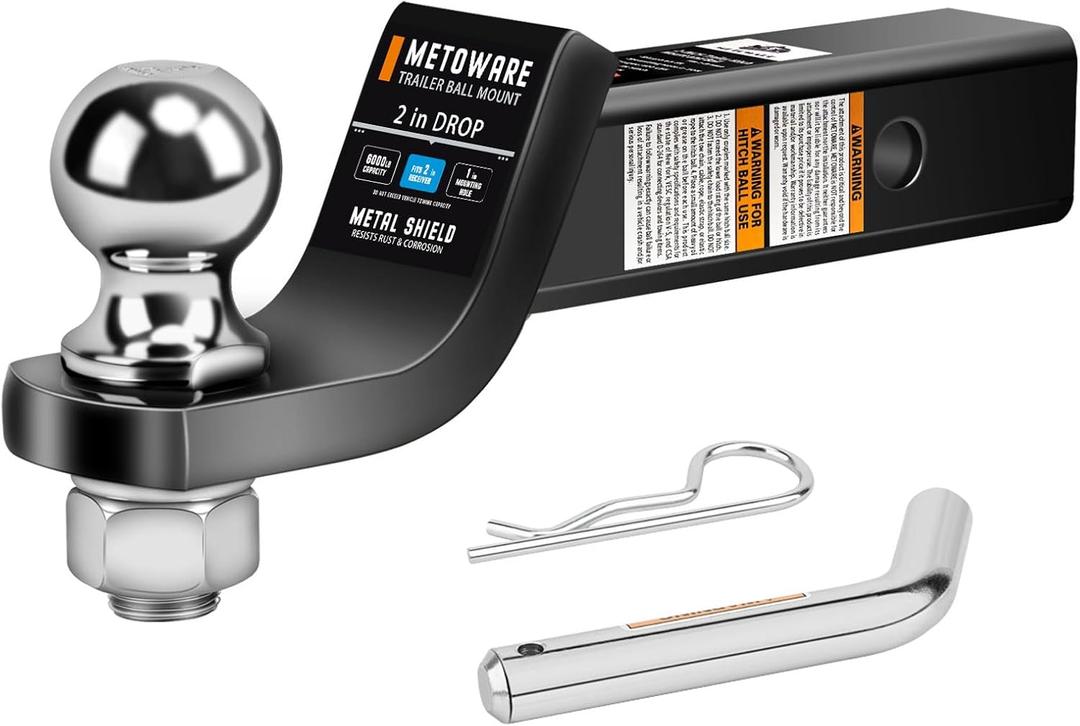 METOWARE Trailer Hitch Ball Mount, 2" Drop Hitch with 2" Ball, 6,000 lbs GTW Fits 2" Receiver for Truck SUV Boat RV, Solid Steel Towing Kit with Hitch Pin & Clip, Black