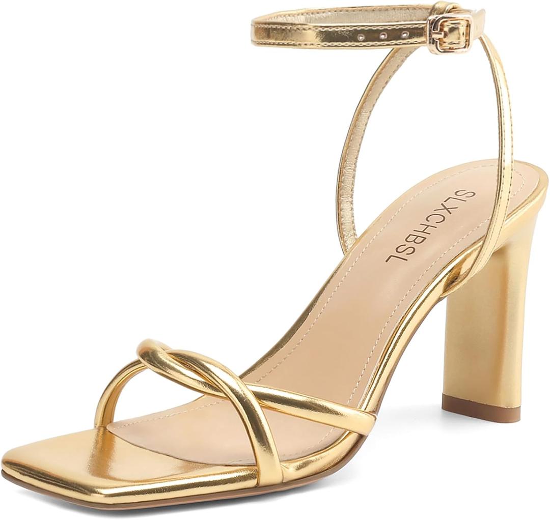 Womens Sandals Square Open Toe Strappy Heels for Women Dressy Chunky High Heels Ankle Buckle Heeled Sandals for Women Comfort Wedding Prom Party Shoes (9.5, Gold)