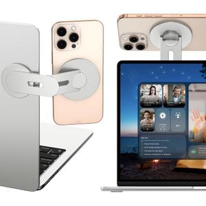 Magnetic Phone Holder for Laptop, 360° Adjustable MacBook Monitor Side Mount for iPhone 17 Pro Max/16/15/14/13/12 MagSafe for Tesla, Portable Foldable Cell Phone Holder Accessory, Silver