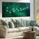 Large Framed Wall Art Flying Cranes Canvas Prints Green Nature Wall Decor Animal Wall Decorations for Living Room Office Hallway Retro Decor 29x58 Inch