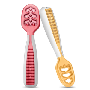 NumNum Baby Spoons Set, Baby Essentials Pre-Spoon GOOtensils for 6+ Months, First Stage Self-Feeding Spoons for Baby Led Weaning (BLW), Silicone Toddler Utensils, BPA-Free, 2 Pack Red/Orange