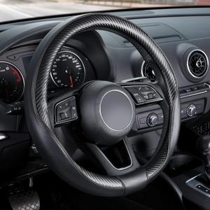 SEG Direct Car Steering Wheel Cover Universal Standard-Size 14 1/2"-15" Leather with Carbon Fiber Pattern Black