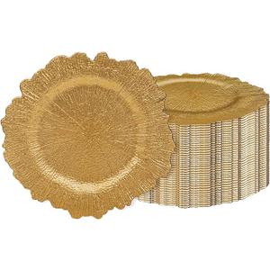 JEVERGN 40 Pack Gold Charger Plates Bulk, 13'' Reef Chargers for Dinner Plates, Gold Plate Chargers Set of 40, Round Plastic Charger for Wedding, Party Event, Dinner, Table Setting