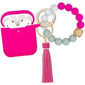 Compatible with AirPods Case Cover, Soft Silicone Protective Cover with Bracelet Keychain, Compatible with Apple AirPods 2nd 1st Generation Charging Case (Hot Pink)