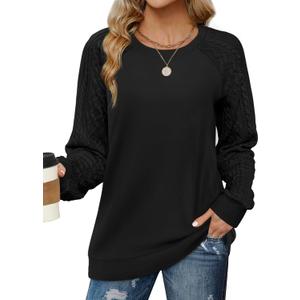 Saloogoe Sweatshirts for Women Crewneck Cable Knit Sleeve Sweaters Lightweight Fashion 2025 (Black, M)