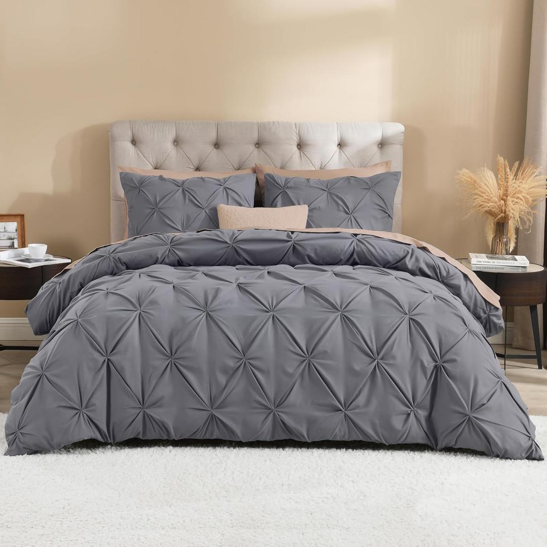 Litanika Dark Grey California King Pinch Pleat Duvet Cover, 3 Pieces Pintuck Cover Soft Polyester Bedding Set with Zipper Closure & Corner Ties(1 Duvet Cover, 2 Pillowcases)