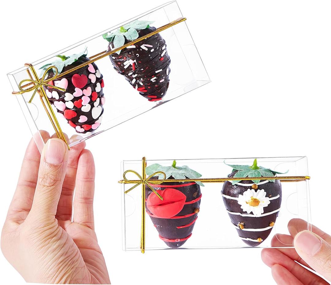 50 Pcs 4.5"x2.2"x2" Clear Chocolate Covered Strawberries Boxes for 2 Mini Cinnamon Roll Boxes for 4 Macaron Boxes for 4 Small Bakery Treat Box for Wedding Birthday Valentine Christmas Party