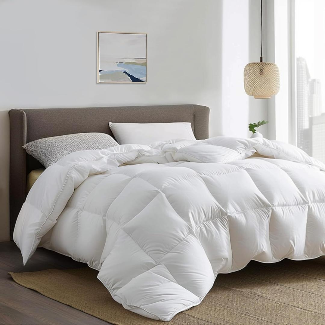 Serta Down Fiber Comforter Queen Size-Lightweight Duvet Insert, Luxury Fluffy Bed Comforter 100% Cotton 300 Thread Count Shell, Down Feather Fiber 500 Fill Power with Corner Taps, White 90x90inch