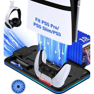 Kawaye PS5/Slim/Pro Stand and Cooling Station for PlayStation 5 Consoles, PS5/Pro/Slim Accessories with 3Level Cooler Fan, PS5 Controller Charger, Cooling Satnd, Headset Holder, 15 Game Slots, Black