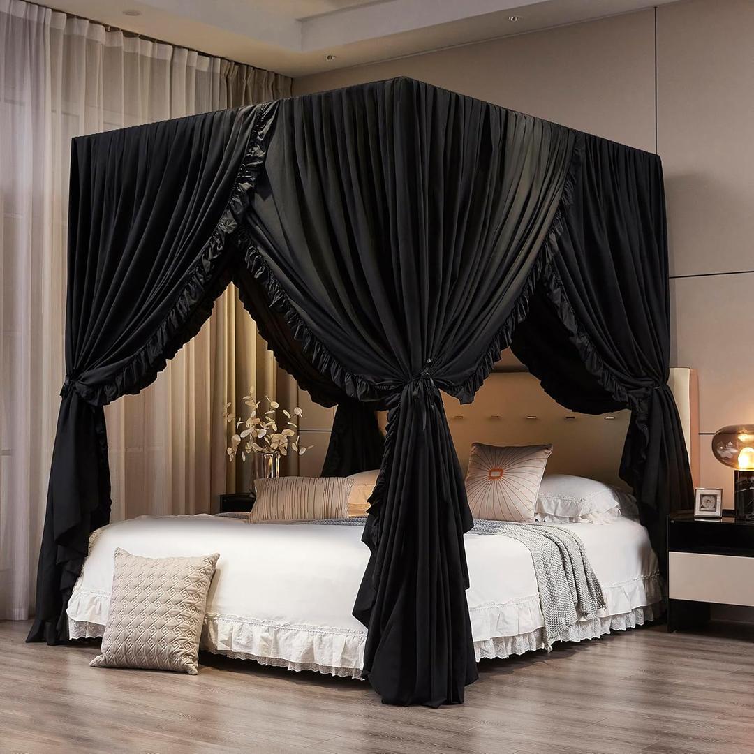 Mengersi Black Canopy Bed Curtains Queen Size,Royal Breathable Lightweight Private Space-Elegant Bed Curtains Bedroom Decoration Accessories for Adults