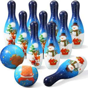 Libima 12 Pcs Christmas Bowling Set Santa Claus Snowman Bowling Set 10 Soft Foam Bowling Pins 2 Bowling Balls Set Toy Bowling Set for Game Indoor Outdoor Xmas Party Supplies (Blue)