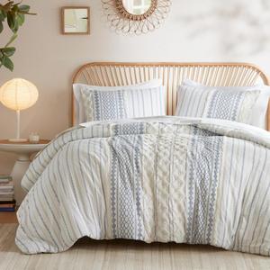 INK+IVY Comforter for King Size Bed, Chenille Tufted, Breathable Cotton Comforter Set King, All Season Modern Boho Comforter with Farmhouse Bedding Flare, 2 Matching Shams, King White/Navy 3 Piece