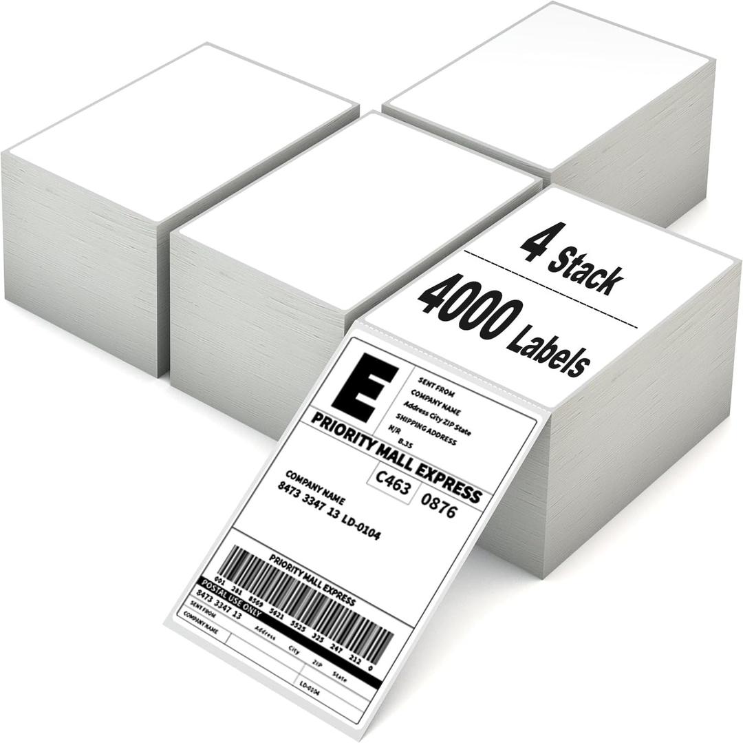 4000 4x6 Thermal Labels 1000/Stack, HUOJI Shipping Thermal Labels 4x6 Fanfold Compatible with Rollo, Zebra, MUNBYN Printers (Commercial Grade)