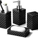 Black Bathroom Accessories Set, 4 Pack Matte Black Bath Accessory Sets Complete, Acrylic Soap Dispenser and Toothbrush Holder Set for Bathroom Counter Sink, Modern Bathroom Decor